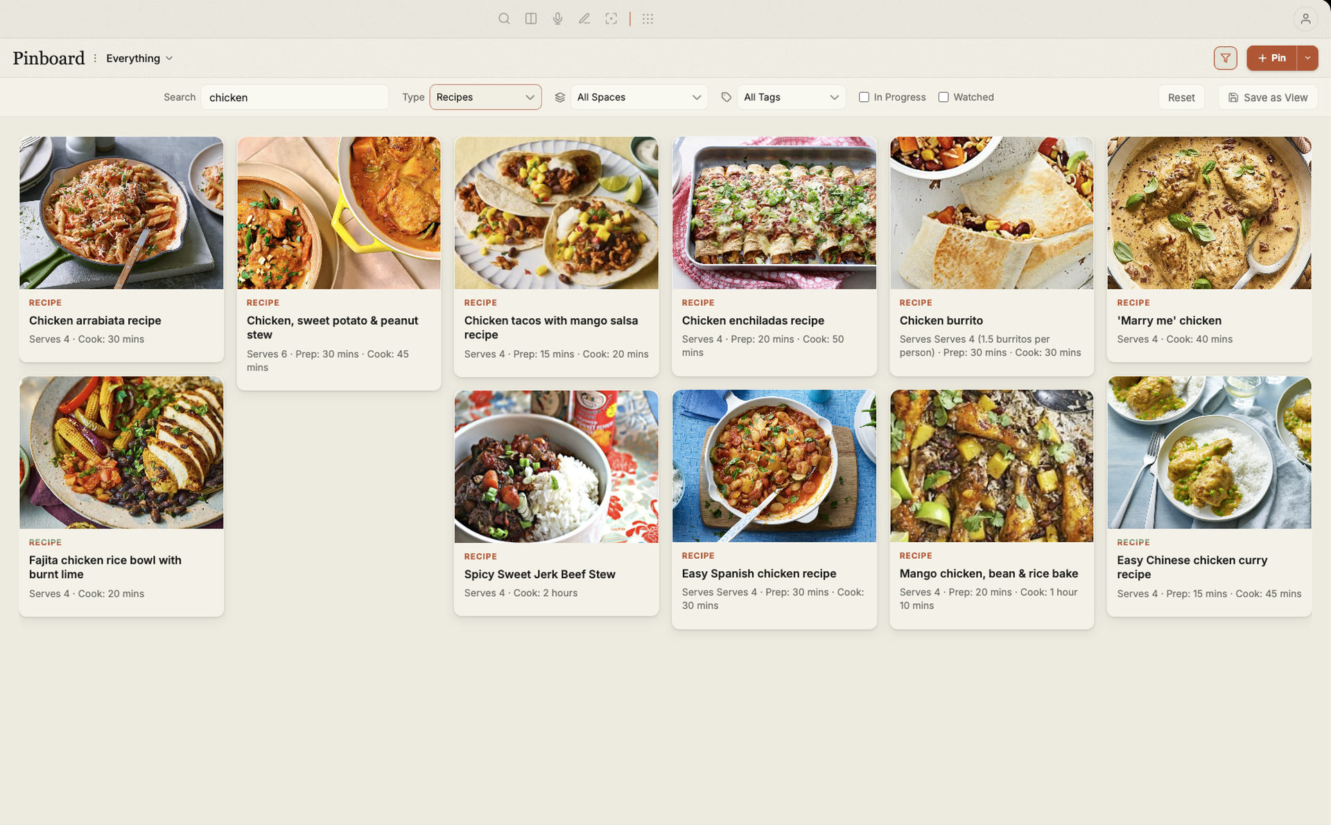Saved recipe cards organised in Productivities Pinboard.