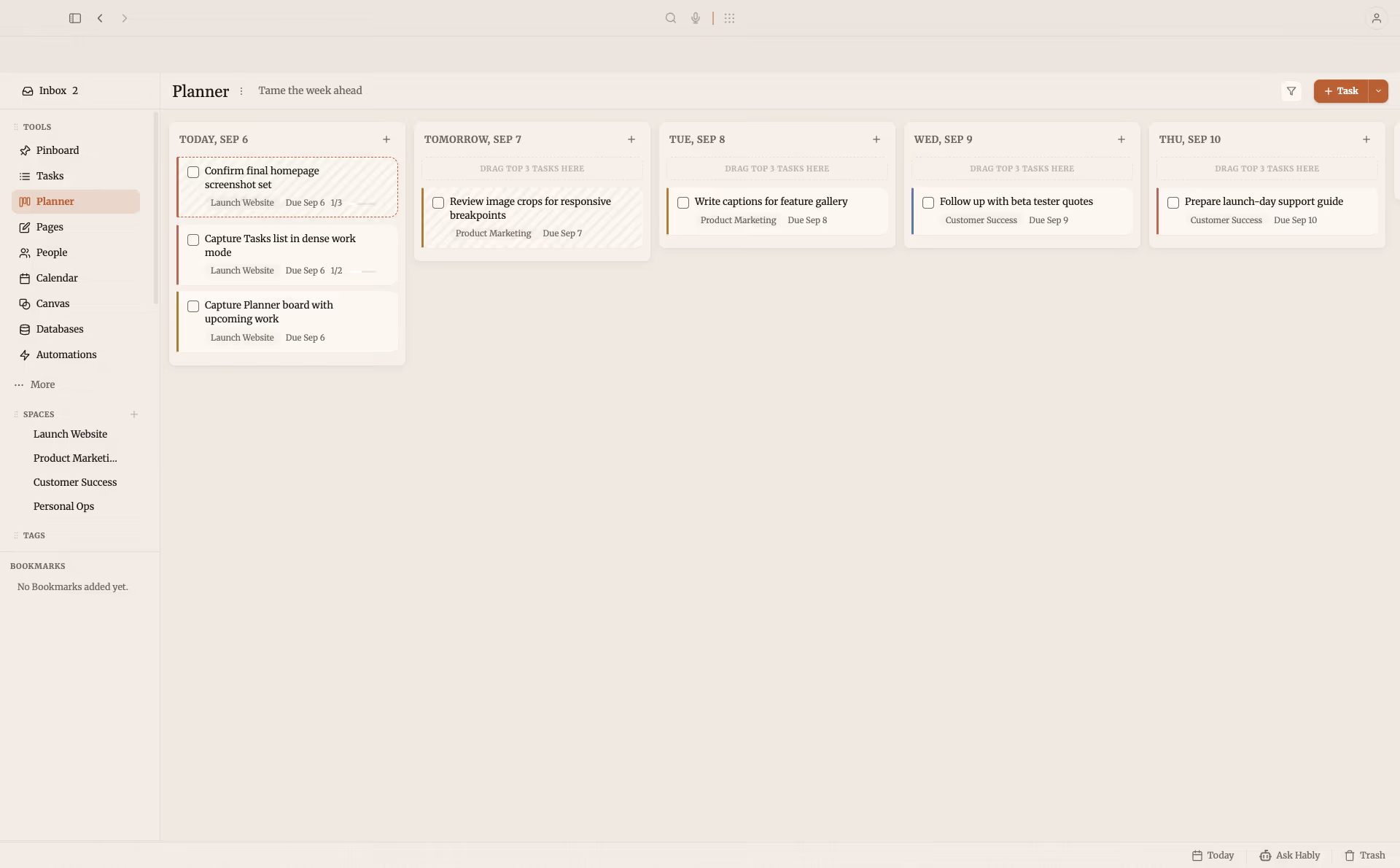 Productivities Planner view with launch tasks arranged across the week
