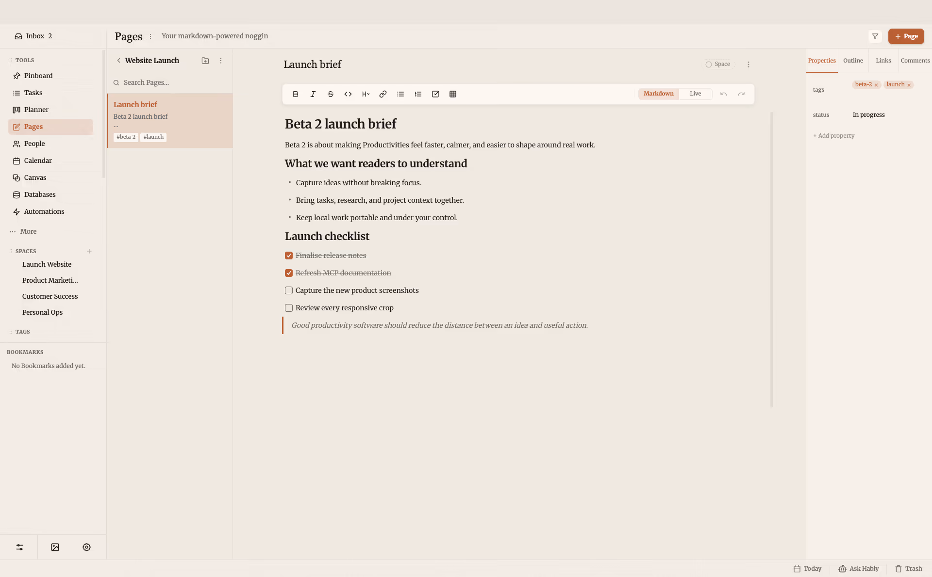 A Beta 2 launch brief open in Productivities Pages