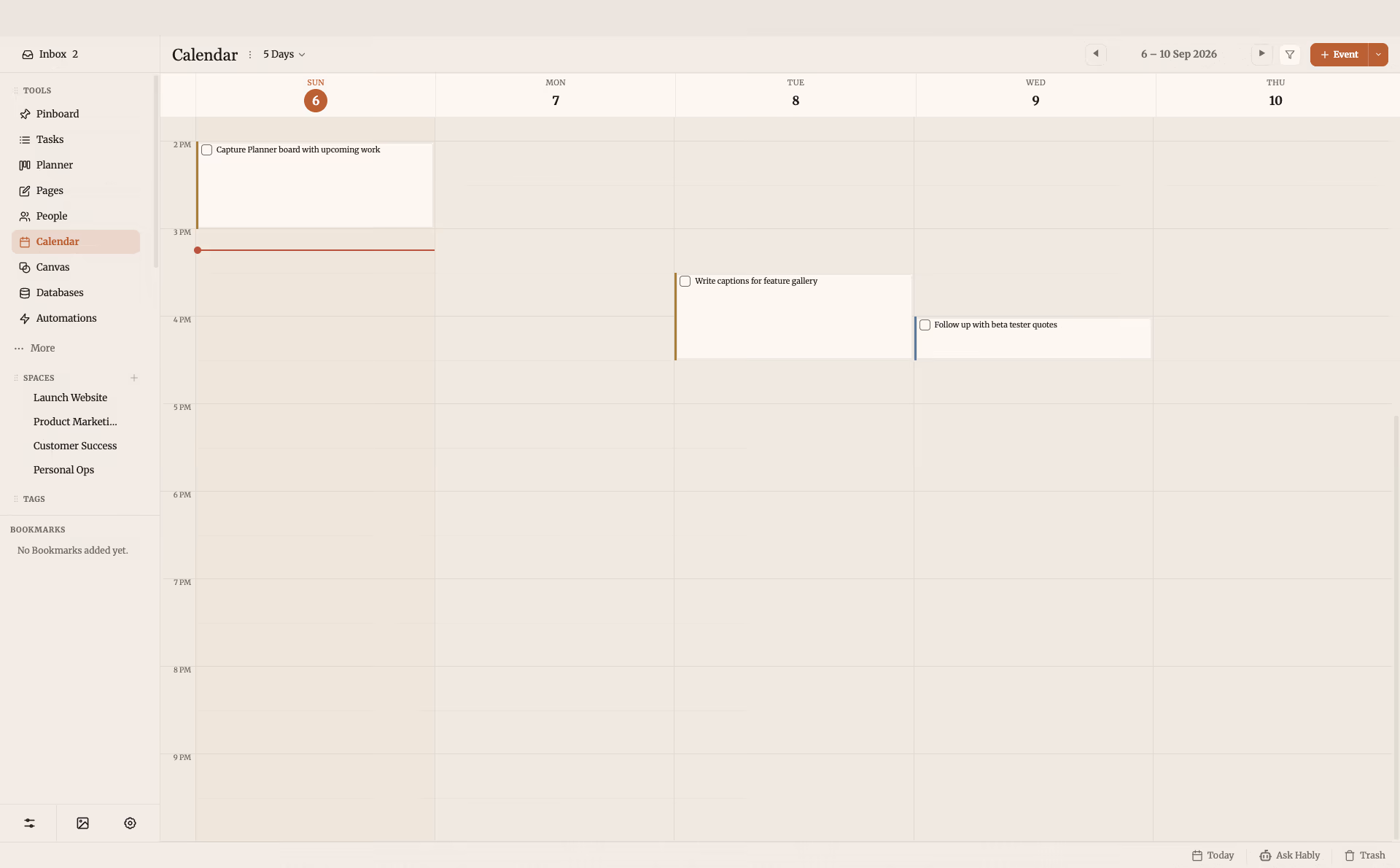 Productivities Calendar showing tasks and time across the working week