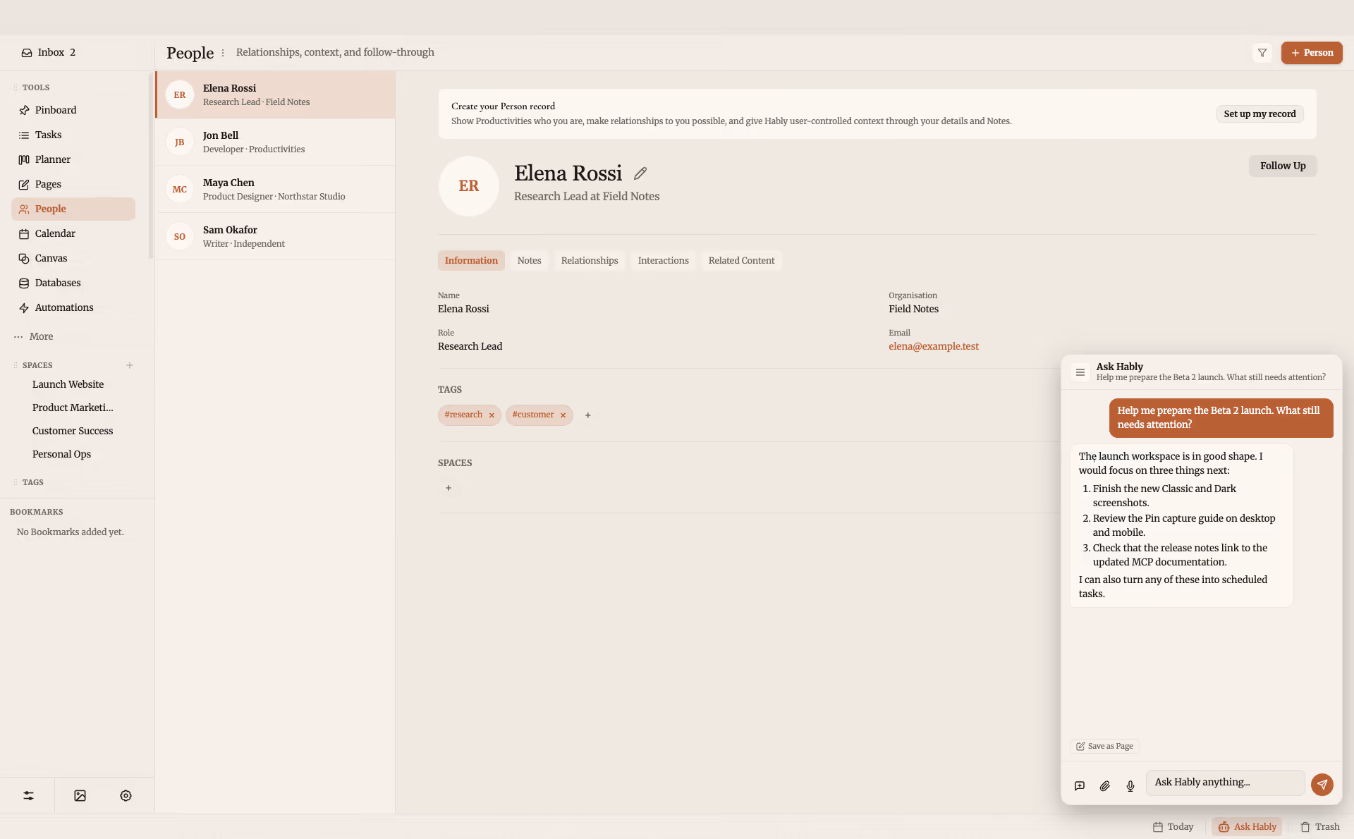 Productivities AI reviewing the fictional Beta 2 launch workspace