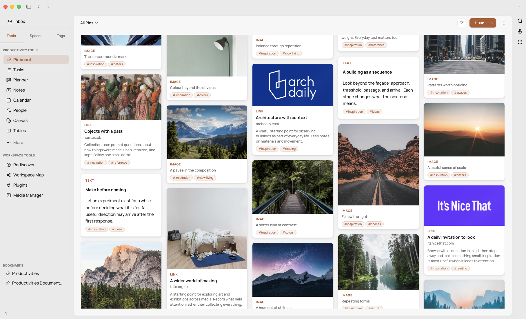 Saved articles, images and ideas in Pinboard