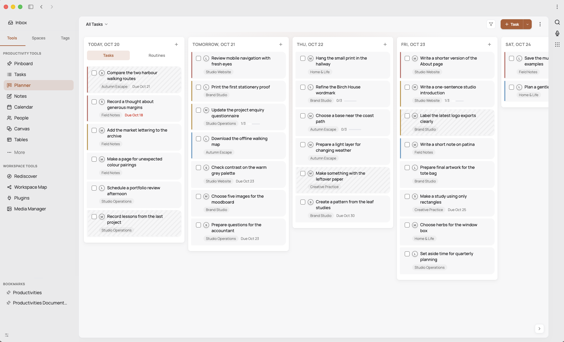 Tasks planned across the week