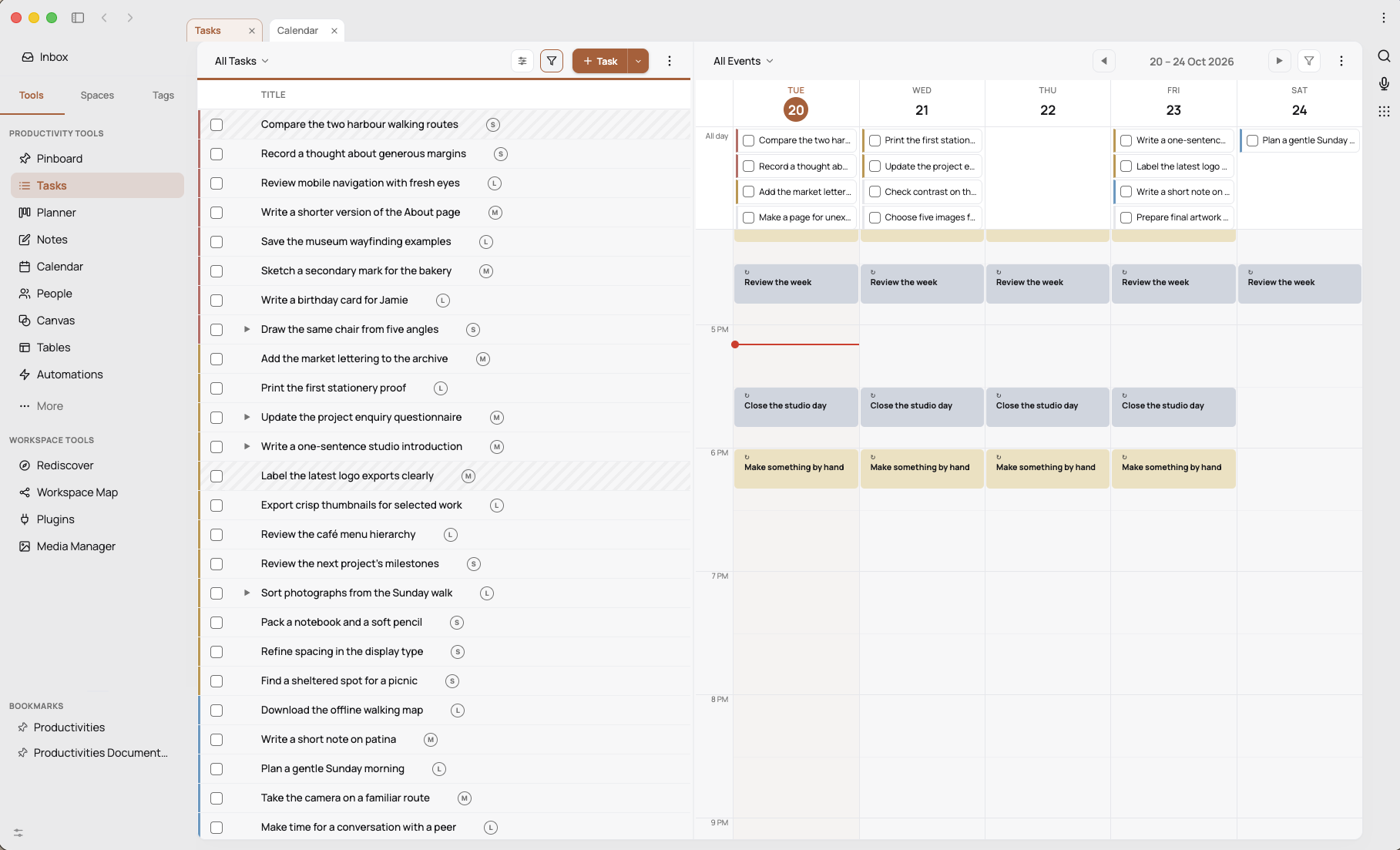 Tasks and a weekly calendar side by side